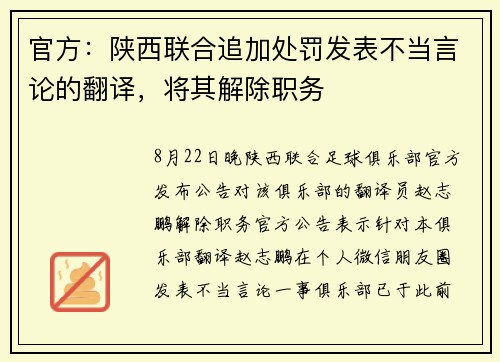 官方：陕西联合追加处罚发表不当言论的翻译，将其解除职务