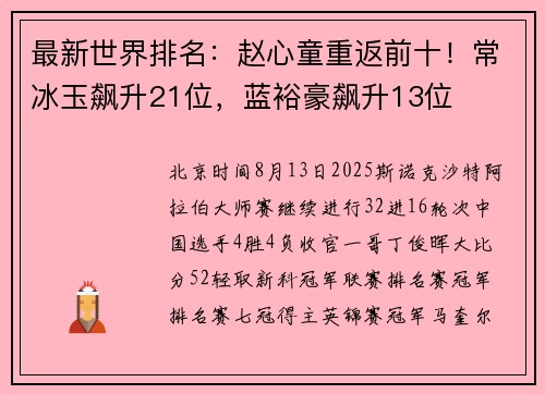 最新世界排名：赵心童重返前十！常冰玉飙升21位，蓝裕豪飙升13位